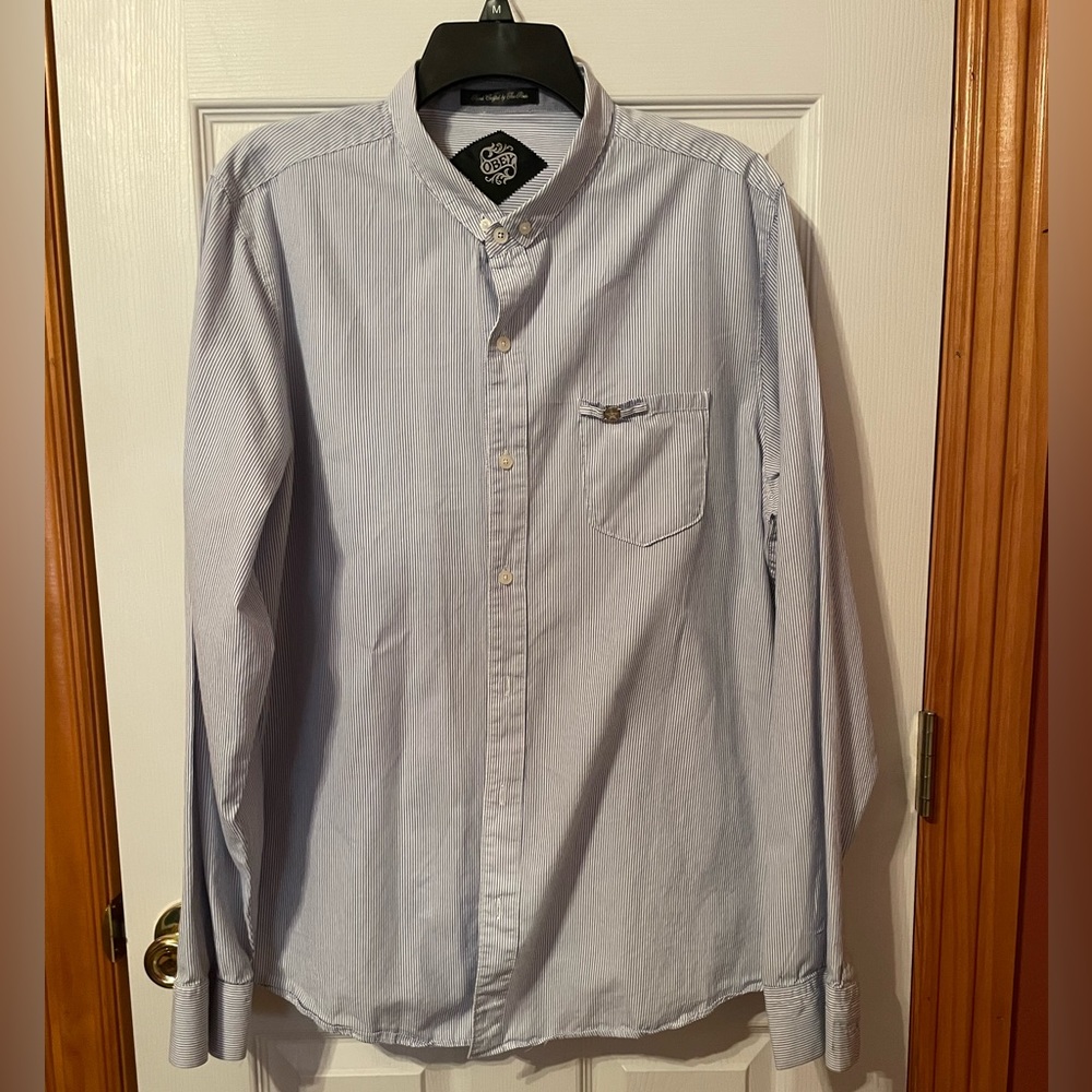Obey blue and white pinstripe button down long sleeve shirt